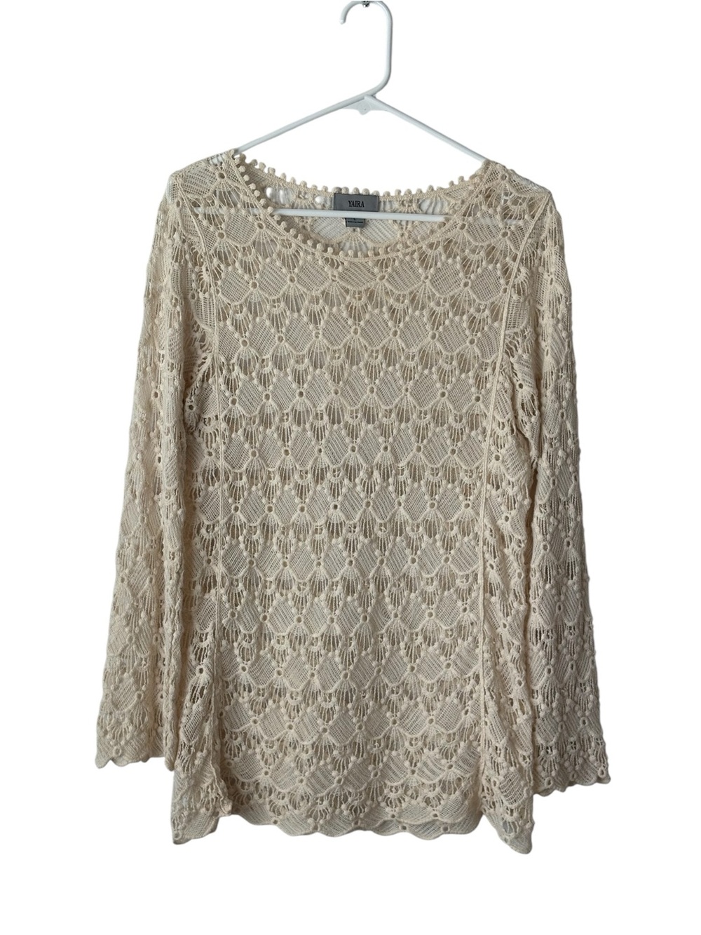 Yaira Cream Crochet Lace Long Sleeve Top Blouse Pom Pom Trim Size L​ 100% Cotton